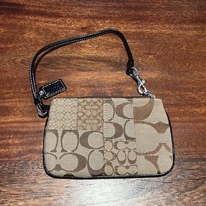 Coach Clutch purse, khaki with black patent trim
